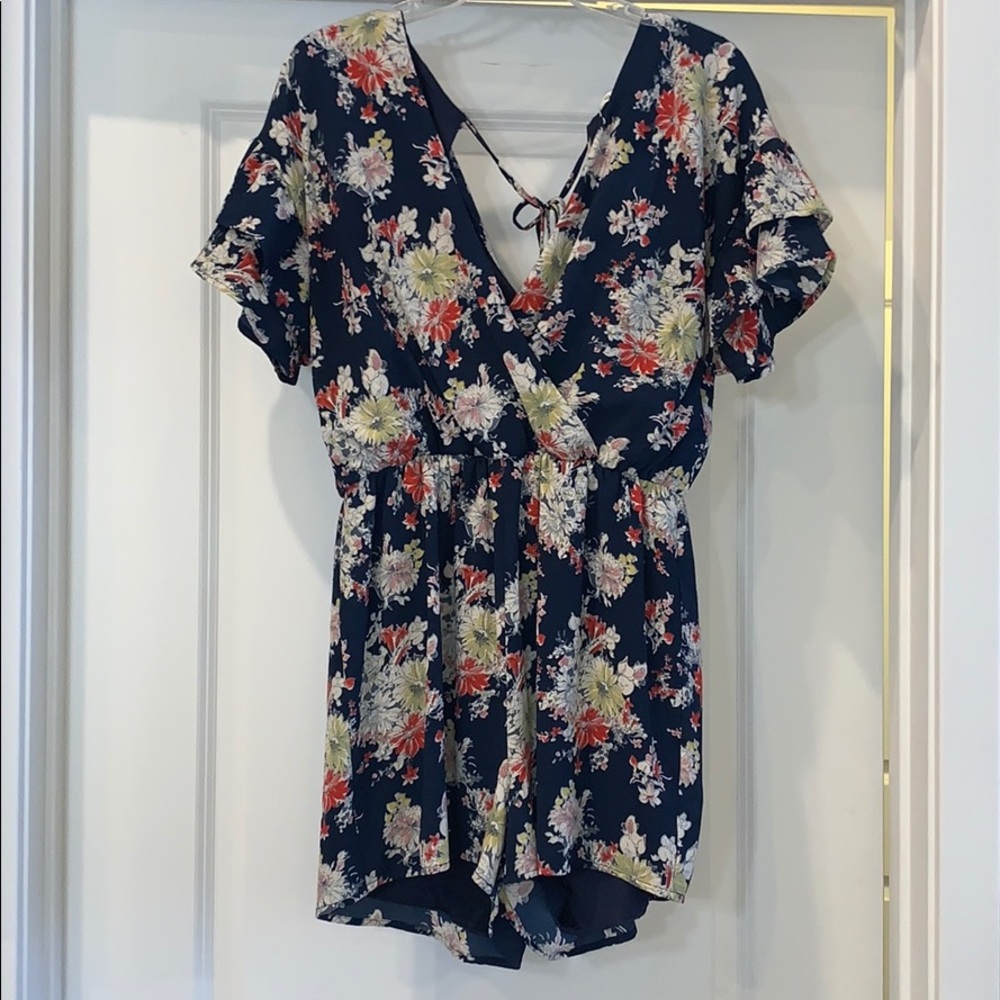 Low cut blue floral romper